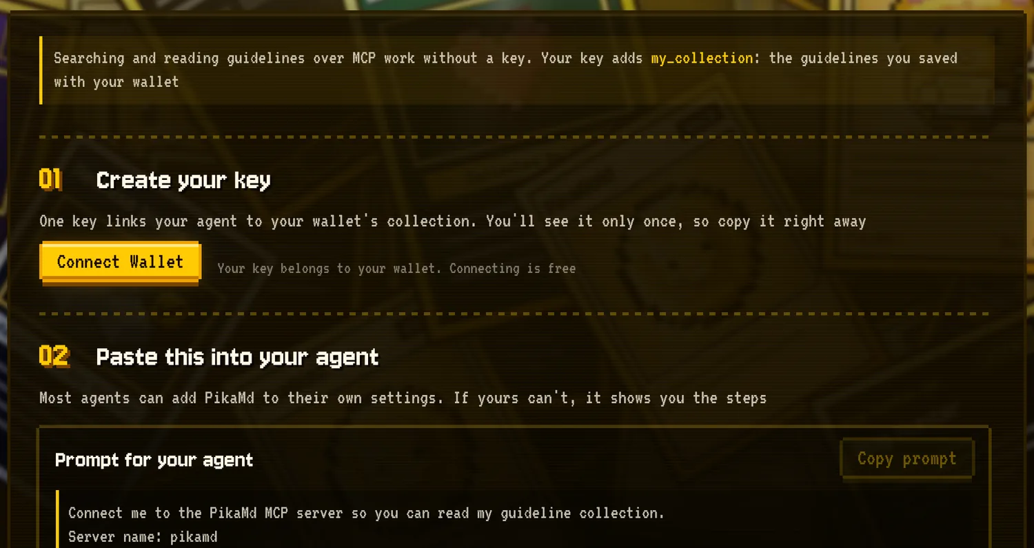 The Connect your agent page: create a key, then paste one prompt into your agent