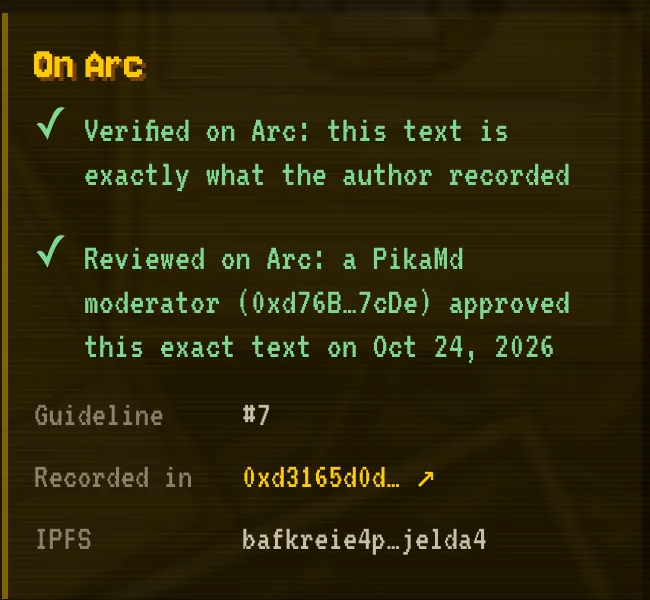 The On Arc panel: verified against Arc and reviewed by a PikaMd moderator